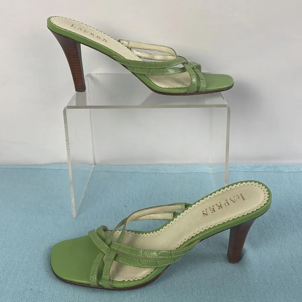 Ralph Lauren Green Strappy Wood Heels - Picture 2 of 8